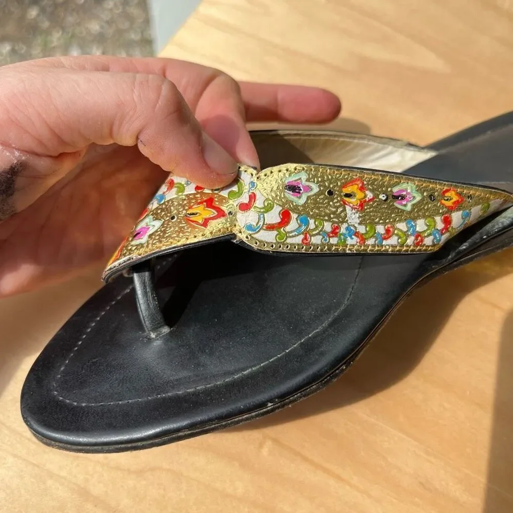 Vintage Indian Leather Sandals – Hand-Painted Gold Enamel – Size 7